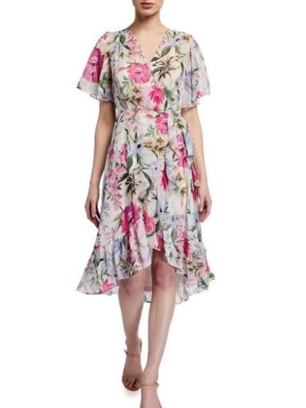Calvin Klein New women's Floral chiffon Wrap Dress ruffle hem short sleeve